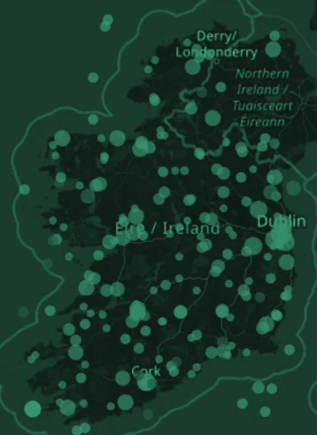 Simulated map of Ireland covered in wind, solar, and other generator placements from GridAI