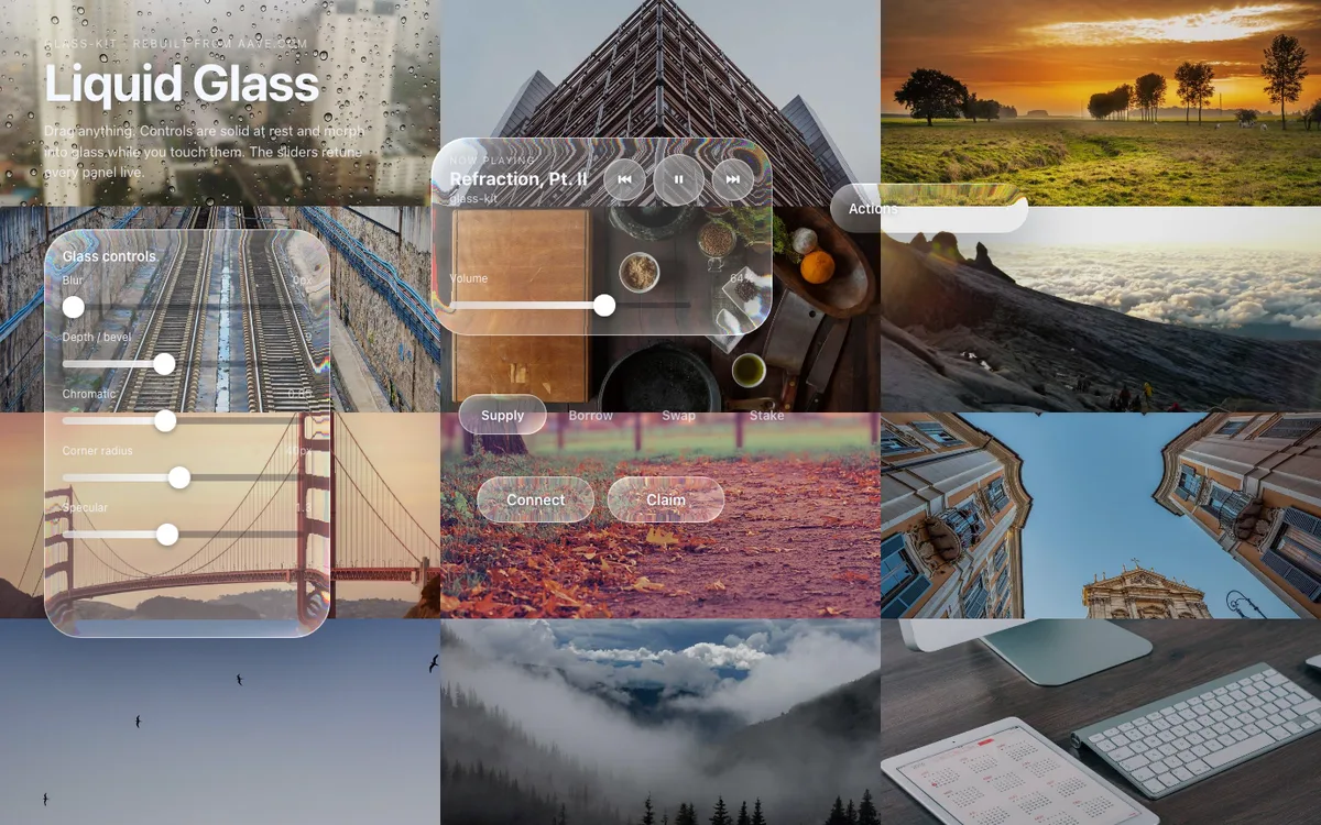 Refract demo: liquid glass panels refracting a photo grid behind them