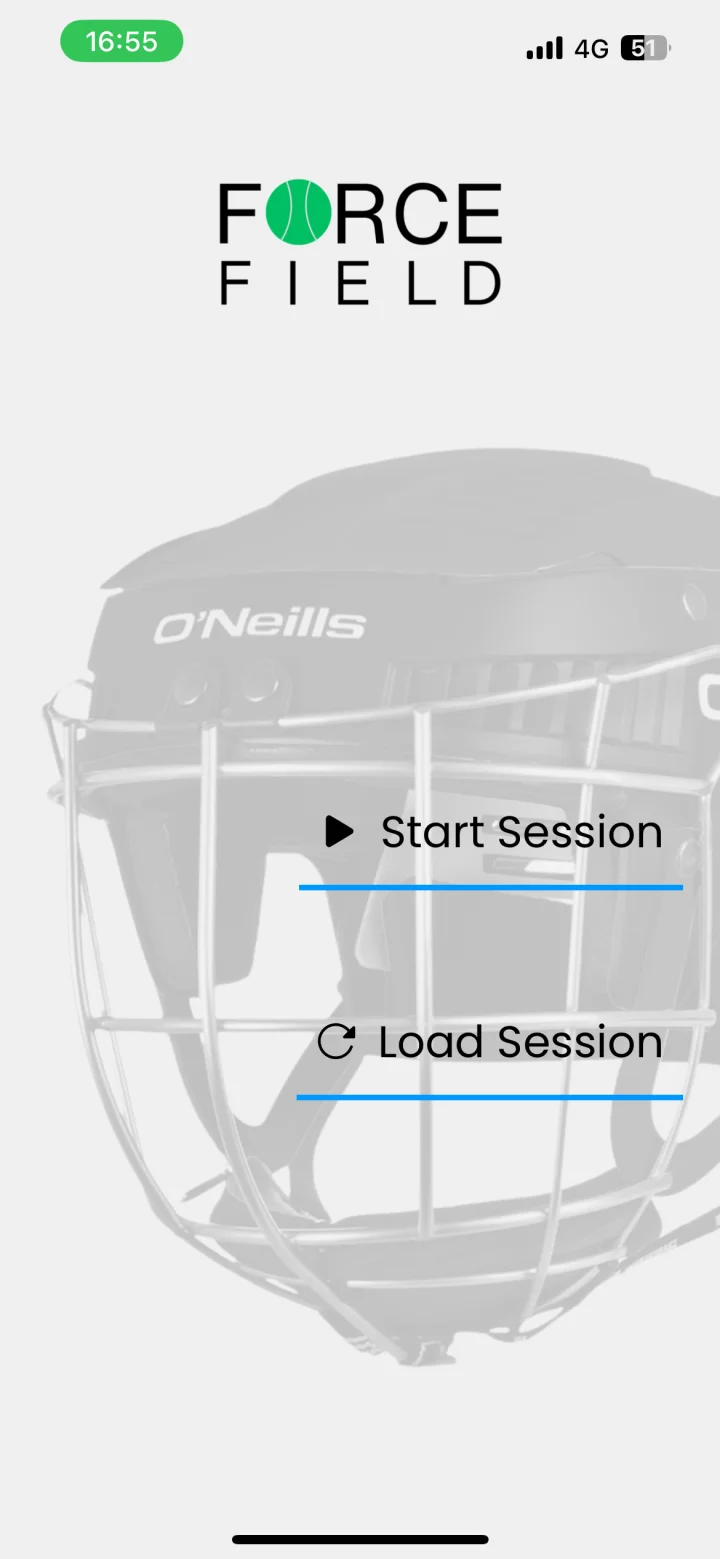 ForceField app home screen showing the logo over a hurling helmet with Start Session and Load Session options