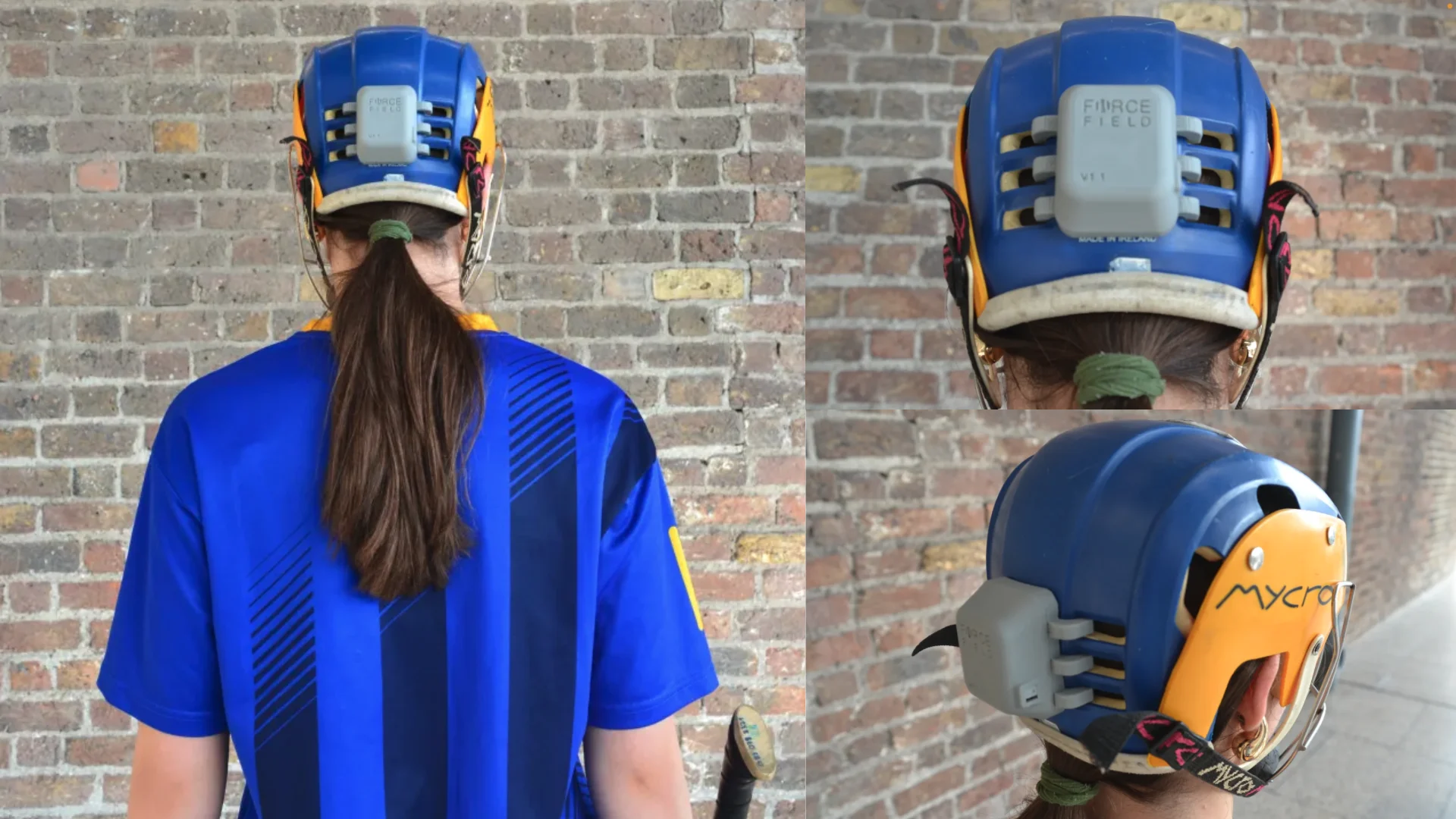 Two views of a hurling helmet worn by a player, each fitted with a ForceField sensor unit mounted on the back