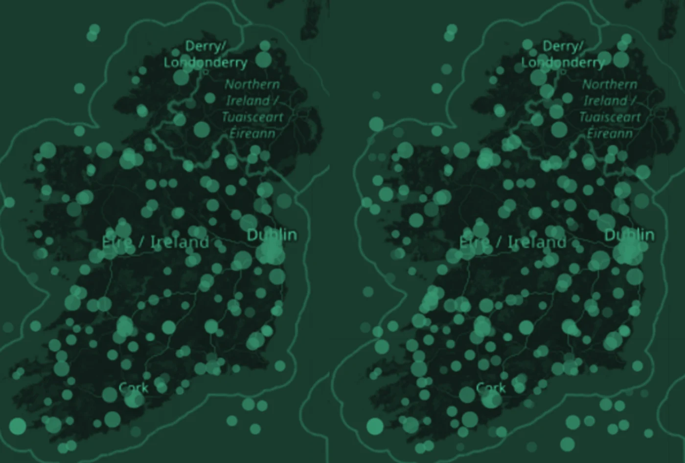 Two duotone maps of Ireland side by side, each dotted with simulated generator placements scaled by capacity
