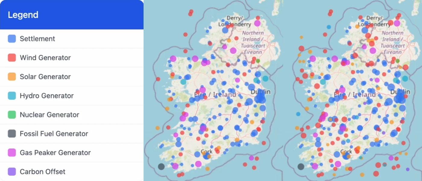 The GridAI renderer showing a legend of generator types beside two maps of Ireland covered in coloured dots for settlements, wind, solar, and other generators