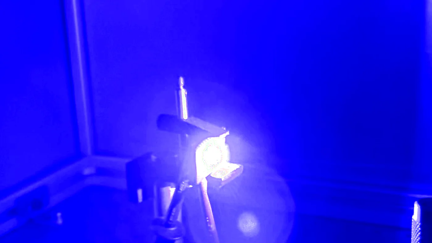 The optical bench at Tyndall: a 450nm laser illuminating an LED receiver on a mount