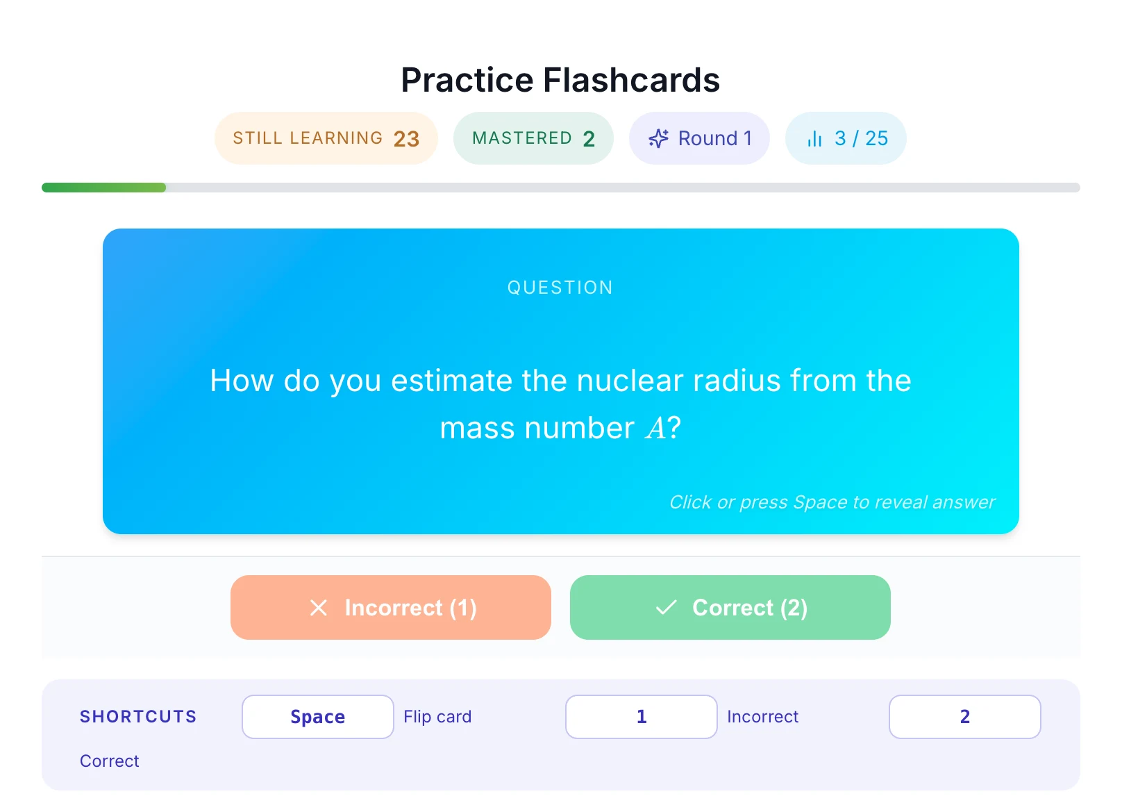 StudySmith practice flashcards view showing a physics question, a still-learning and mastered counter, and review progress