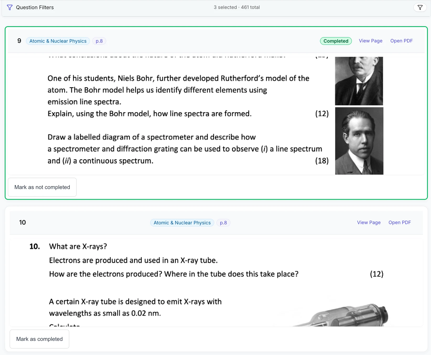 StudySmith practice questions list showing exam-style atomic physics questions with mark allocations and completion states