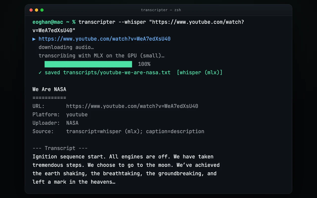 Terminal running transcripter on a NASA video link