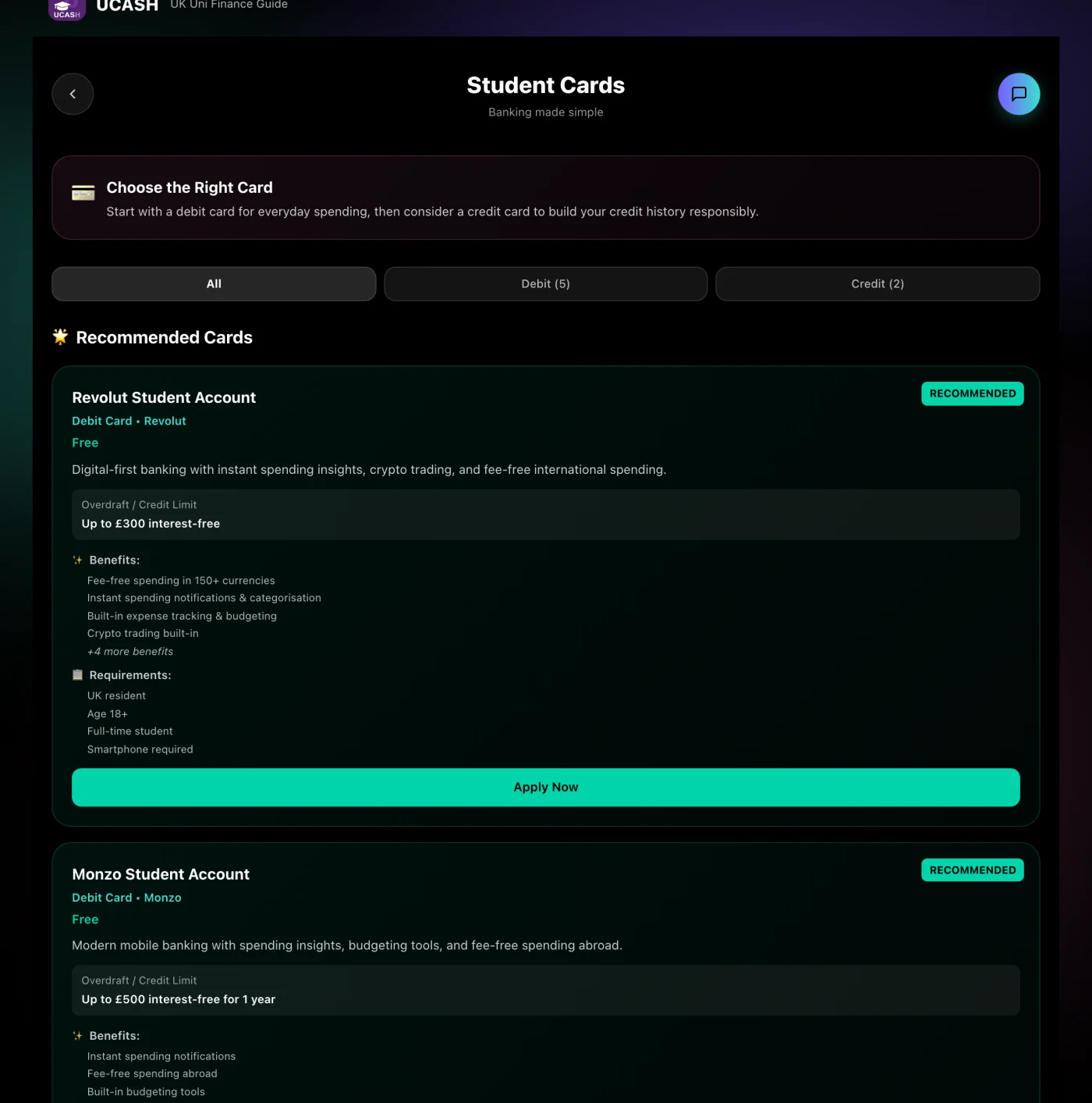 UCASH student cards screen recommending the Revolut and Monzo student accounts with interest-free overdraft limits and listed benefits